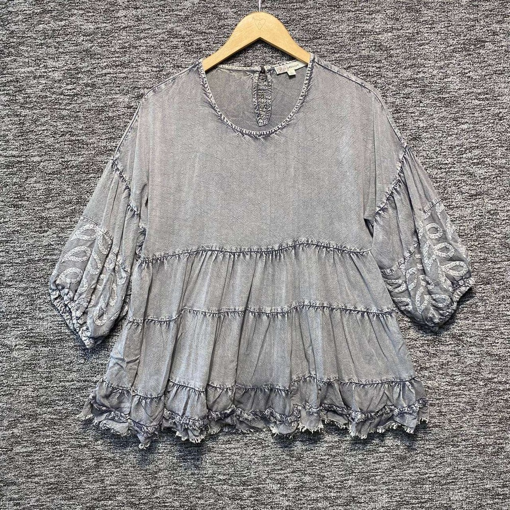 Laffaire‎ Babydoll Boho Blouse Women Large Gray Mineral Wash Embroidered Top